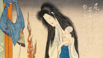 detail of a Japanese painting showing a woman with a baby
