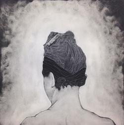 Black and white print of a woman facing away and wearing a headscarf