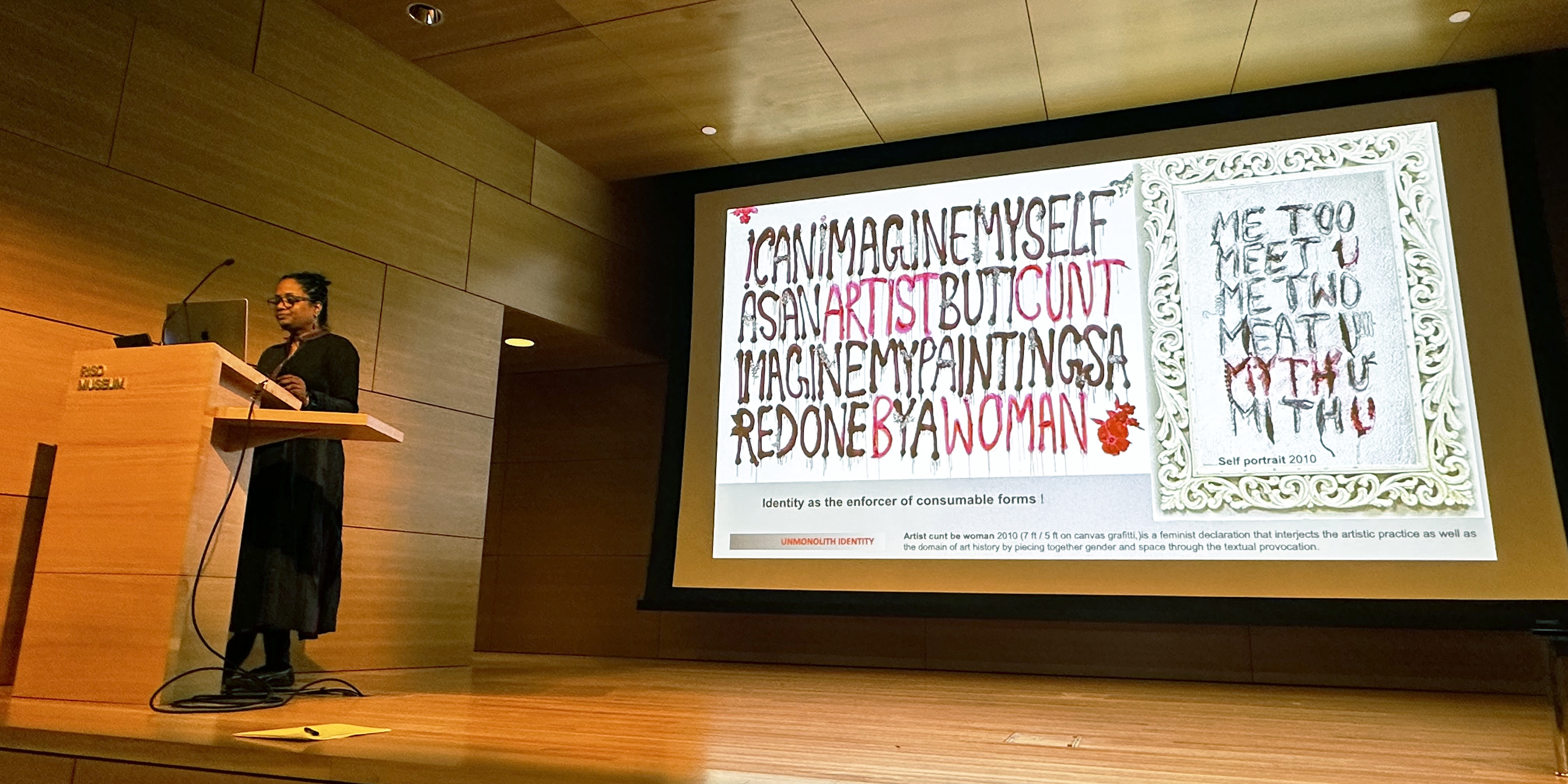 Mithu Sen presents her work in the Metcalf Auditorium at RISD