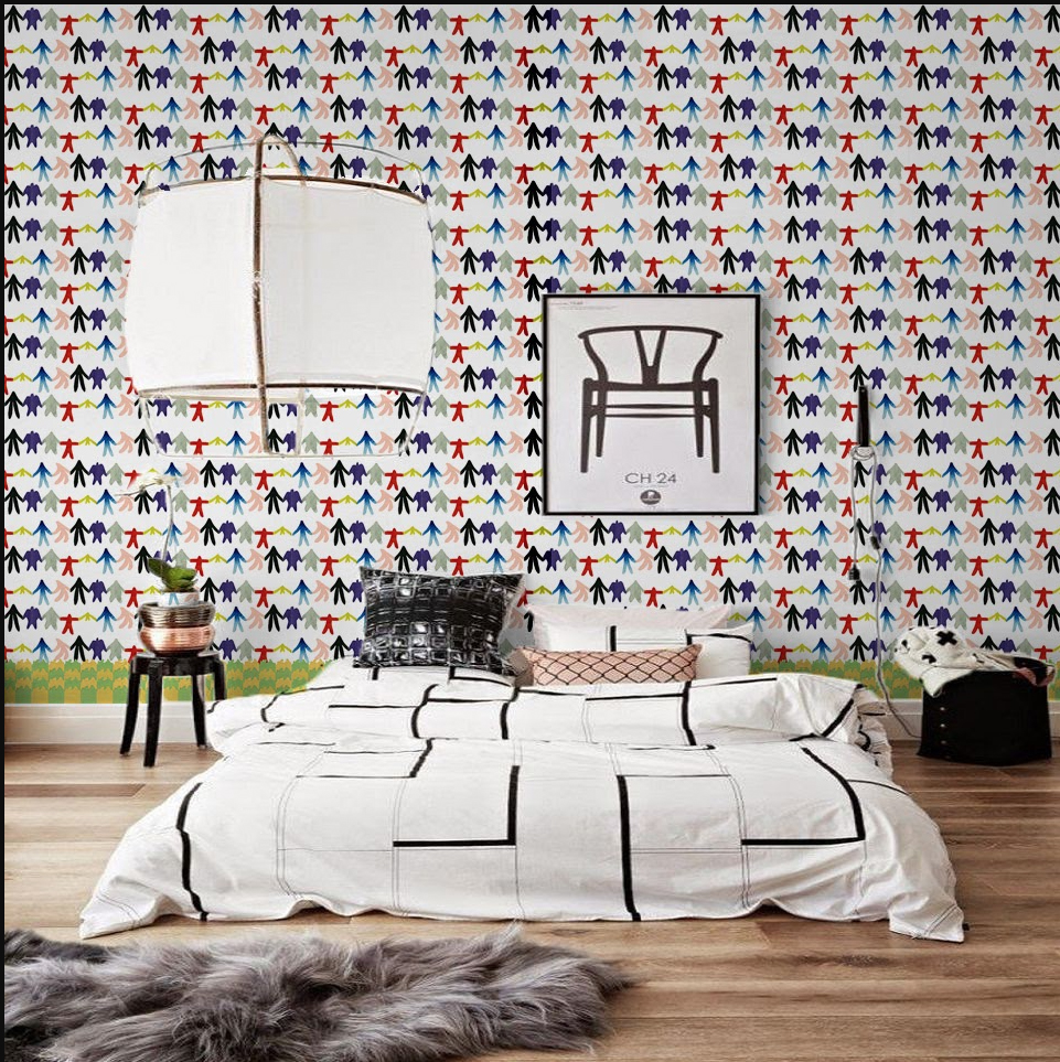 bedroom design featuring abstract wallpaper print