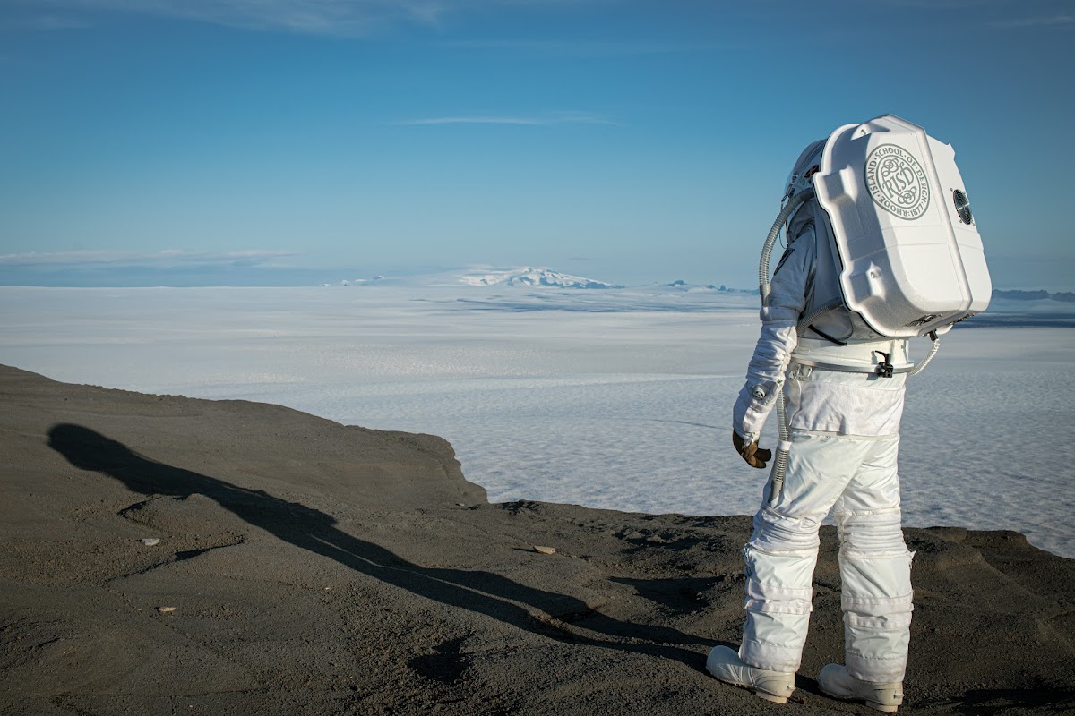 Person in Mars Suit 1 (MS1) during a glacial expedition in Iceland