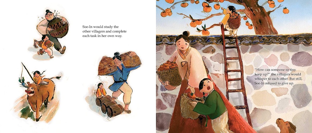 Interior spread of Tiny Feet Between the Mountains, the debut picture book by Hanna Cha 17 IL