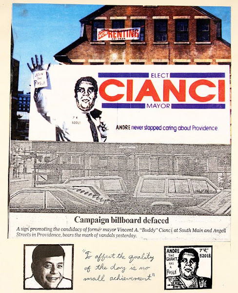 Defaced Cianci mayoral billboard involving Andre the Giant