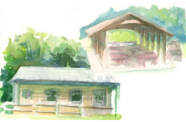 Watercolor of wood structures by Julie Benbassat 19 IL