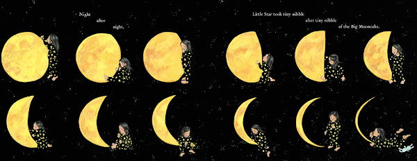 Spread of the phases of the moon for A Big Mooncake for Little Star, by Author/illustrator Grace Lin 96 IL