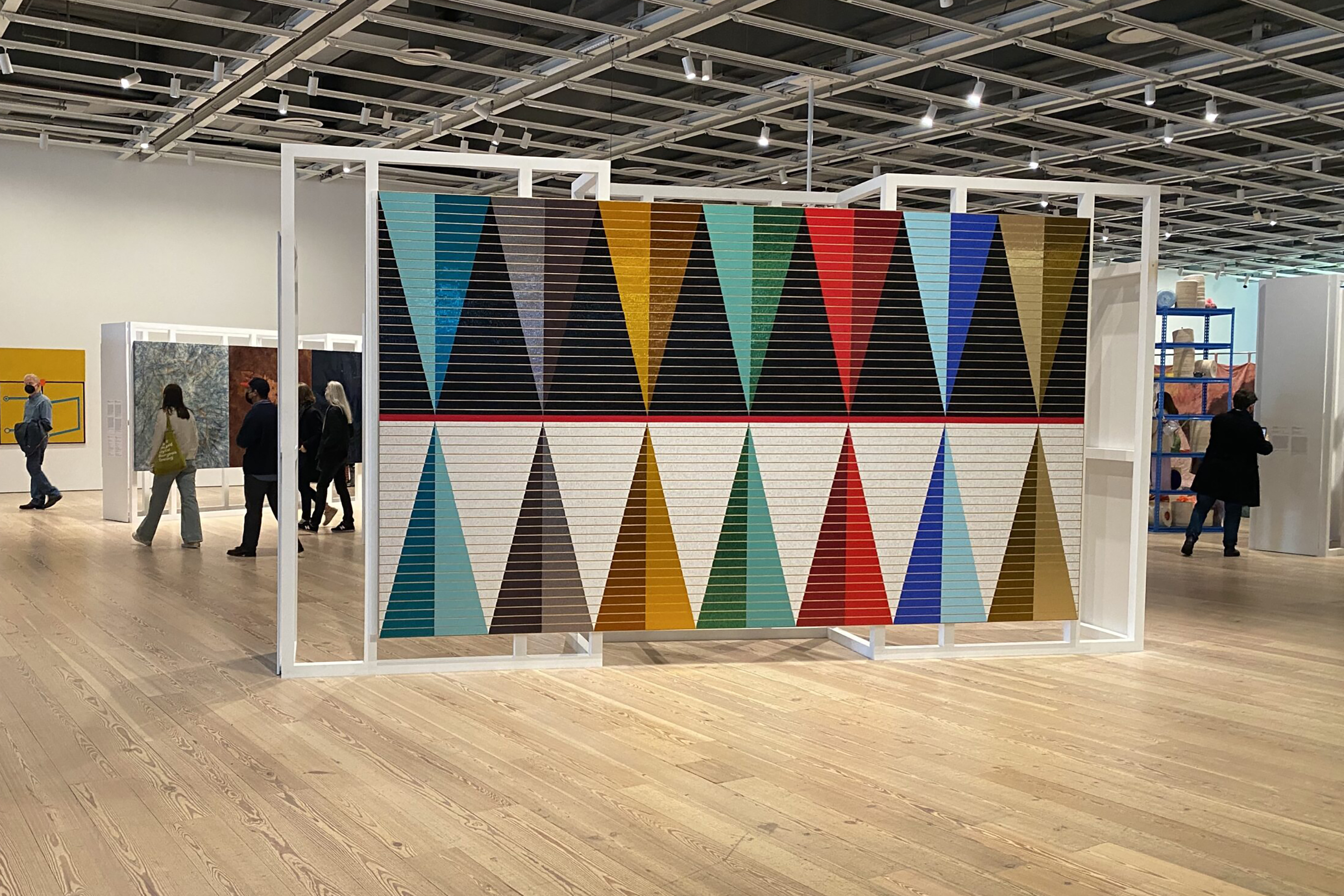White Hawk's Wopila, as installed at the 2022 Whitney Biennial acrylic, glass bugle beads, synthetic sinew on aluminum panel 96 x 168 inches