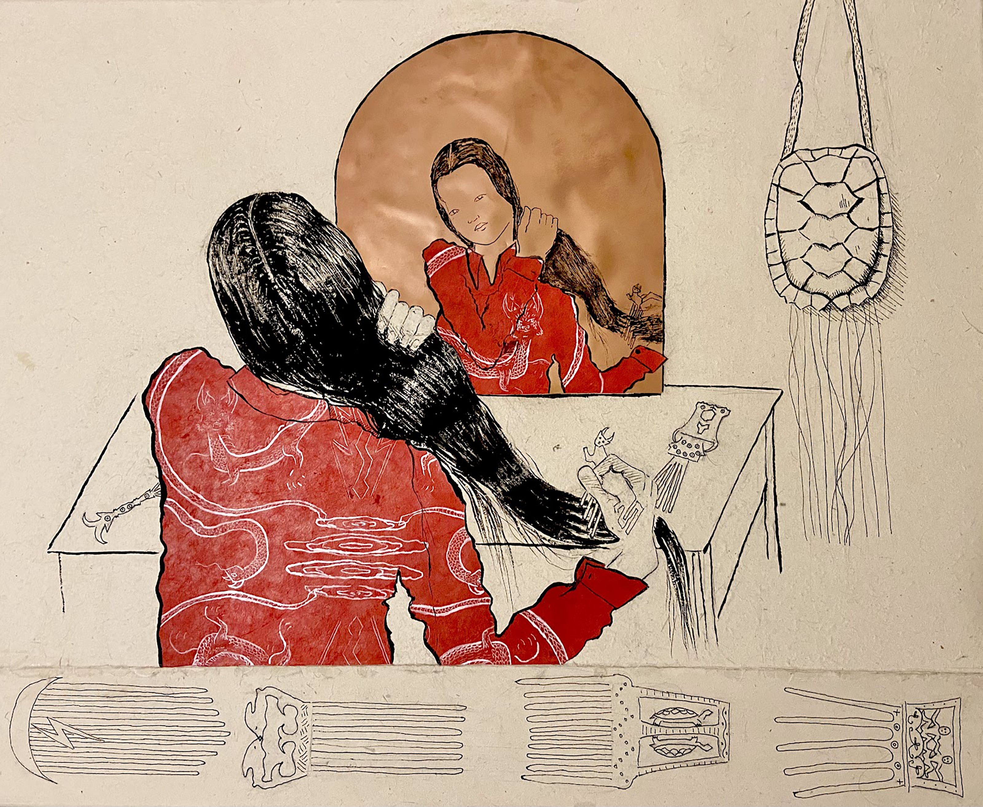 a drawing of a person with long black hair in a red long sleeved shirt looking in the mirror and brushing their hair by sherente harris