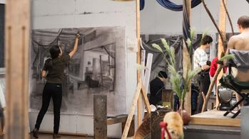 Students work on large-scale still life drawings in the Experimental and Foundation Studies studios