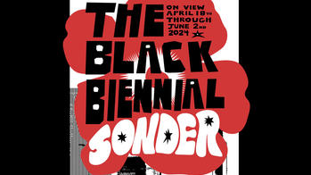 detail of black and red poster that reads "The Black Biennial: Sonder"