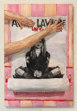 A painting of a pair of hands hanging up an Avril Lavigne poster over a ballerina poster