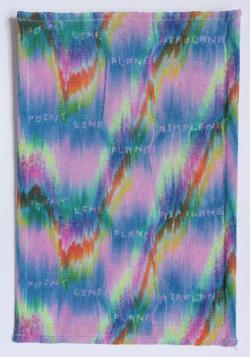 Student work by Claire E Harvey BFA 2018. Rainbow dyed fabric with various words imprinted on it. "Point. Line. Plane. Airplane."