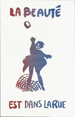 Red to blue gradient printed illustration of person throwing a brick