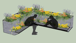 Jen Ansley created a bench for loved ones to sit and memorialize those that have passed while the human composting process takes place. A rendering of two shilloutes sitting on a grey bench that is covered in plantings and flowers is shown