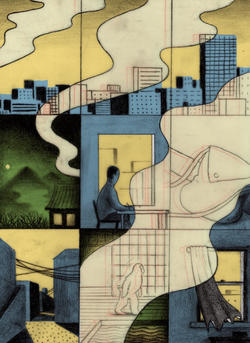 abstract illustration of buildings and smoke
