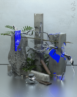 Rending of a sculpture in silver and digital blue