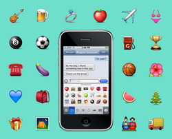 Image of an iphone surrounded by the original suite of emojis.