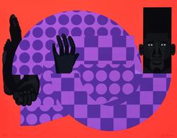 Graphic painting in red and purple of Black man lying in fetal position.
