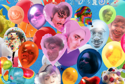 a multicolored arrangement of floating balloons with faces inside them, some scrunched up against the front-facing side of the image