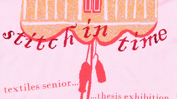 stitch in time poster with drawing of textiles on pink background