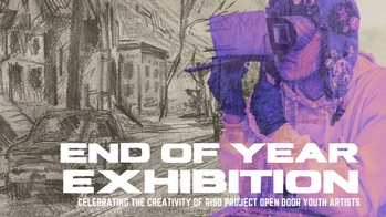 end of year exhibition poster with purple and brown sketches