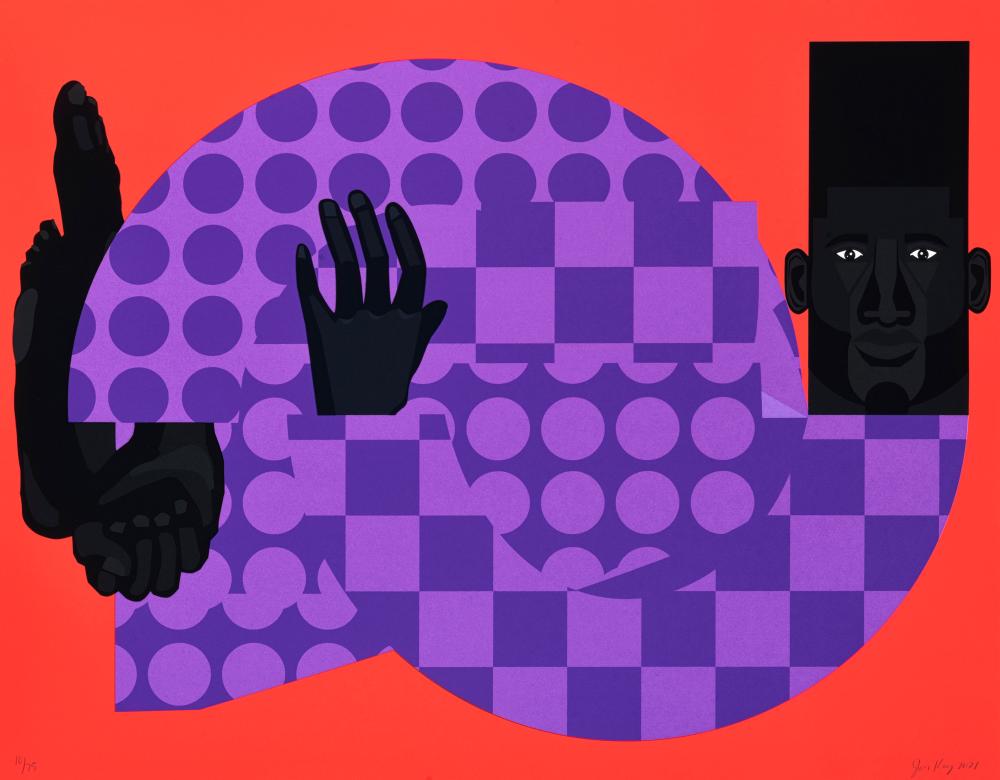 Painting by alum Jon Key of a Black man in a purple suit in fetal position against a red background. The suit is composed of geometric purple squares.