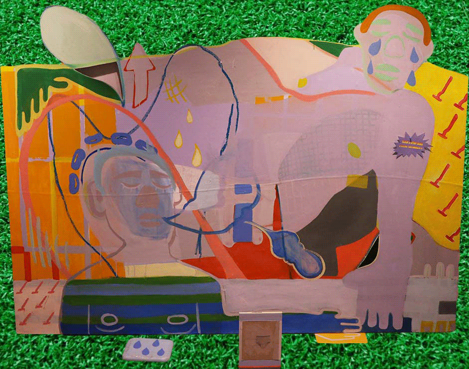 Student artwork as a gif showing a person crying and color changing rainbow circles above another