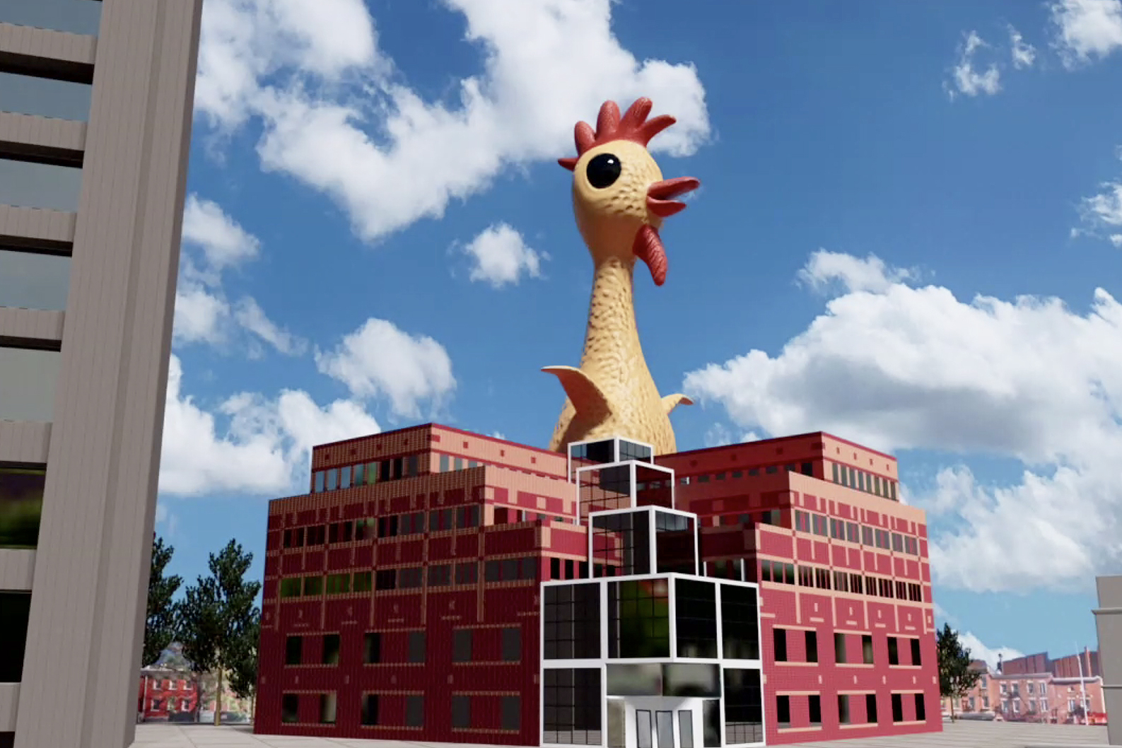 Giant rubber chicken emerging from red building