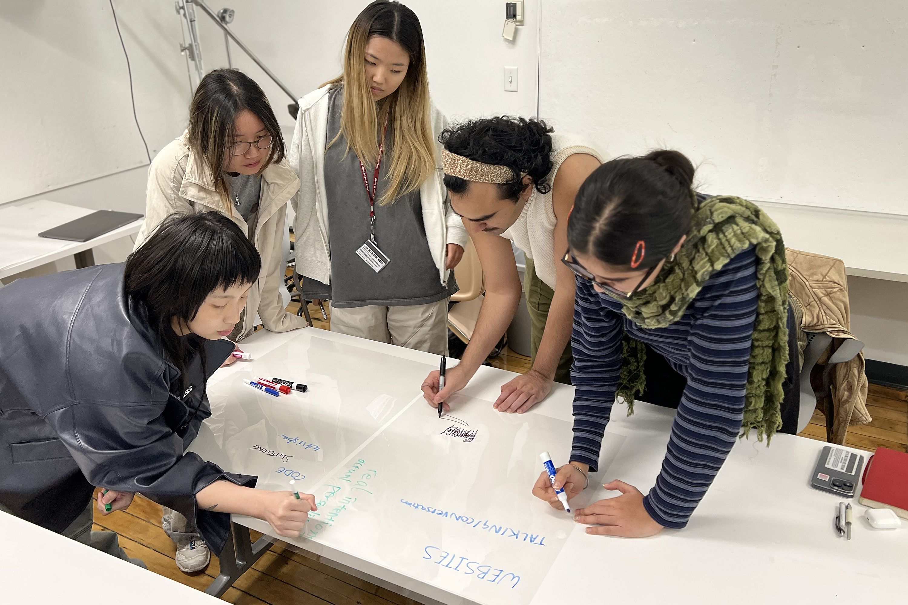 the class works on a mapping project using acetate and markers