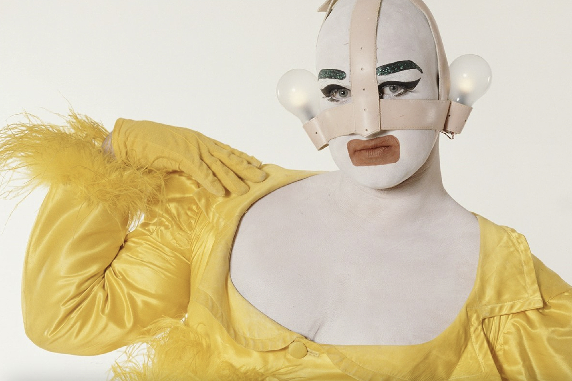 late performance artist Leigh Bowery dressed in yellow feathers