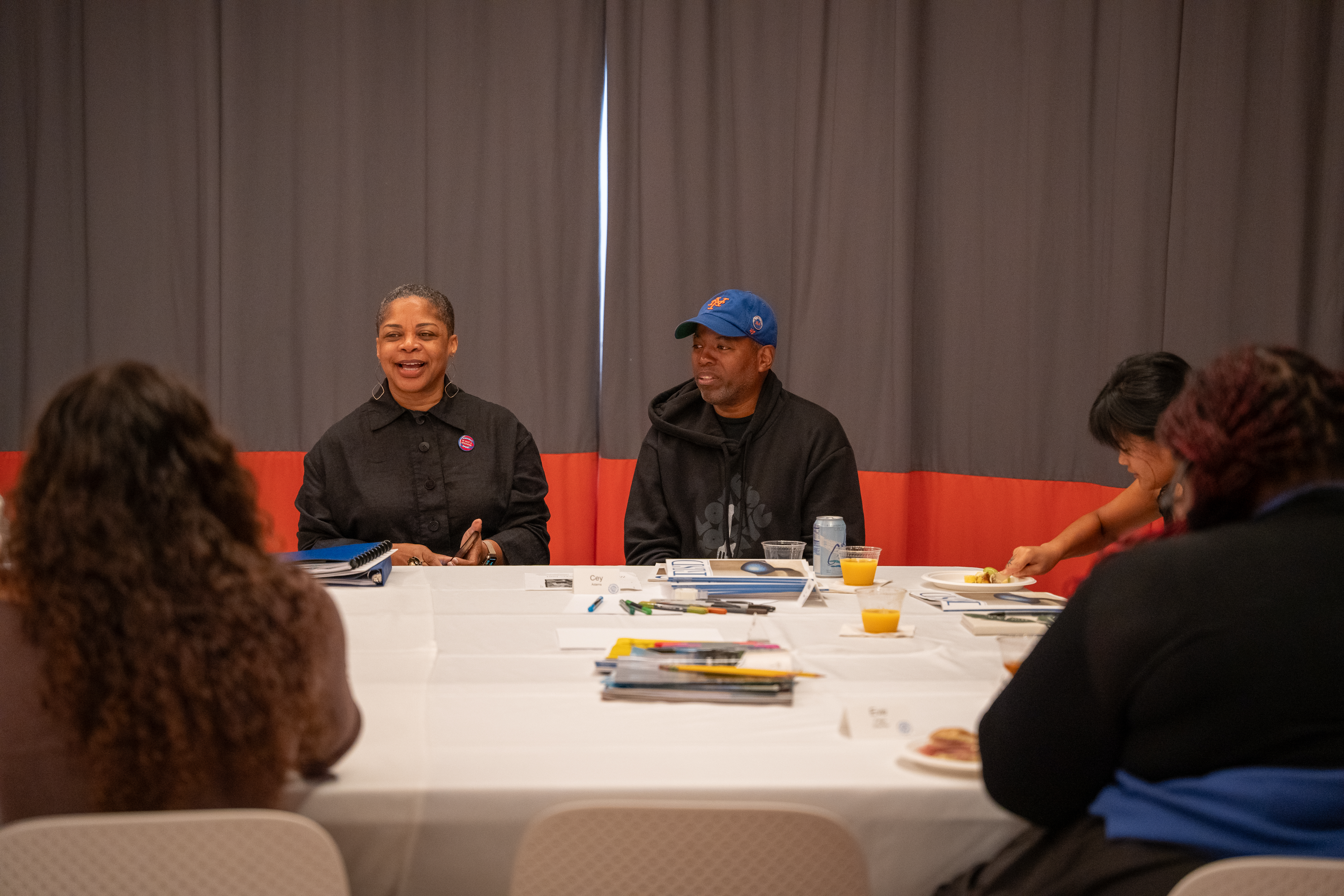Artist Cey Adams and RSD President Crystal Williams speak with students