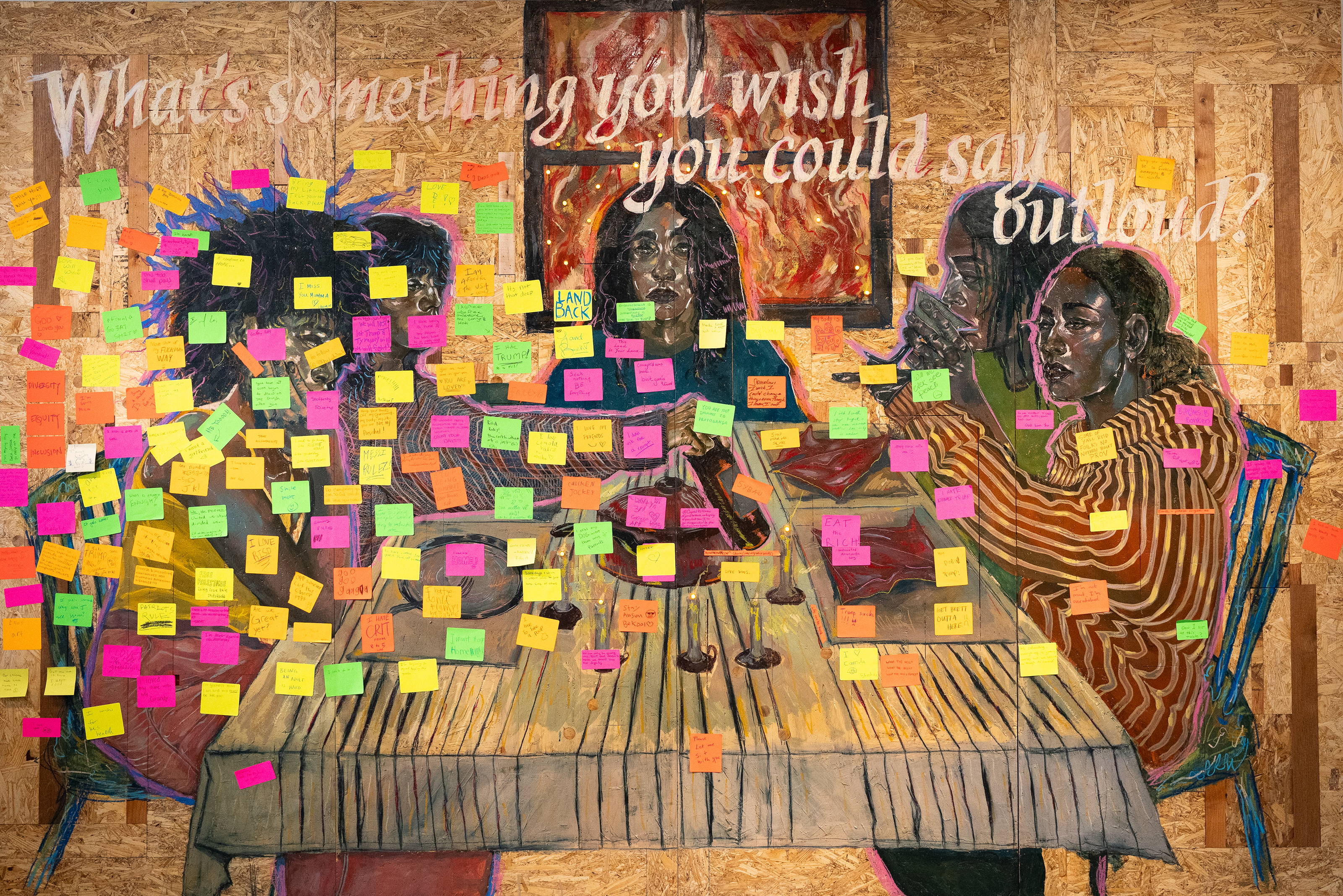 completed and installed pieces covered in sticky notes