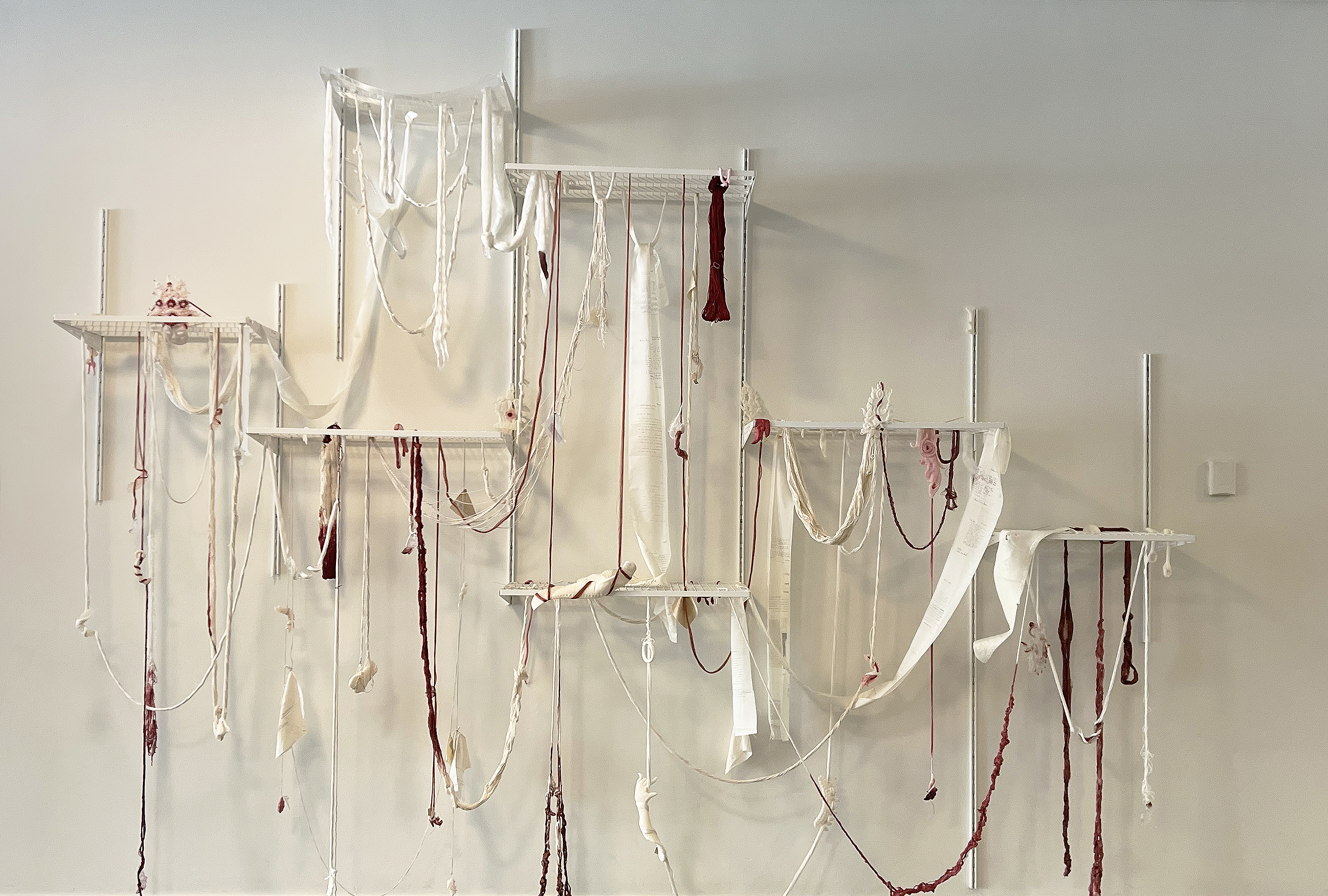 Dorner Prize-winning installation by Linda Sok showing threads and fabrics forming an abstract wall hanging
