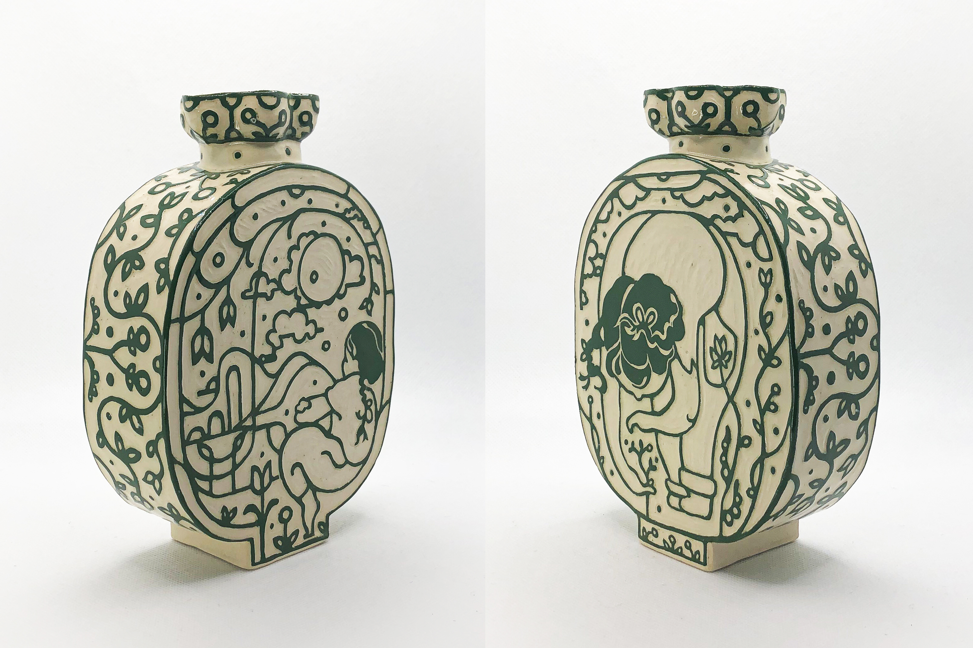 two sides of a white and green ceramic lamp base