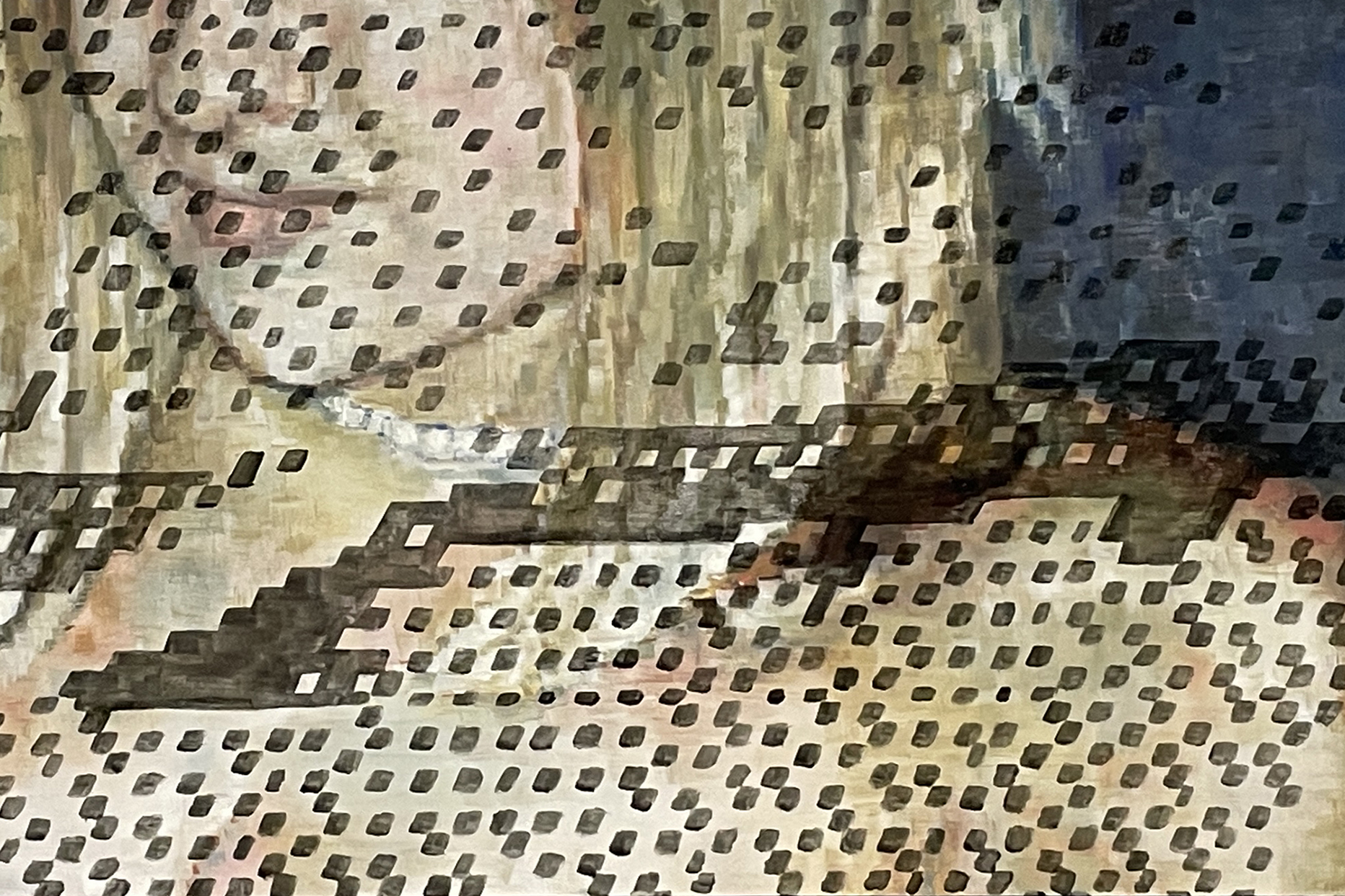 detail of a piece by Nassiff showing image that appears to be pixelated