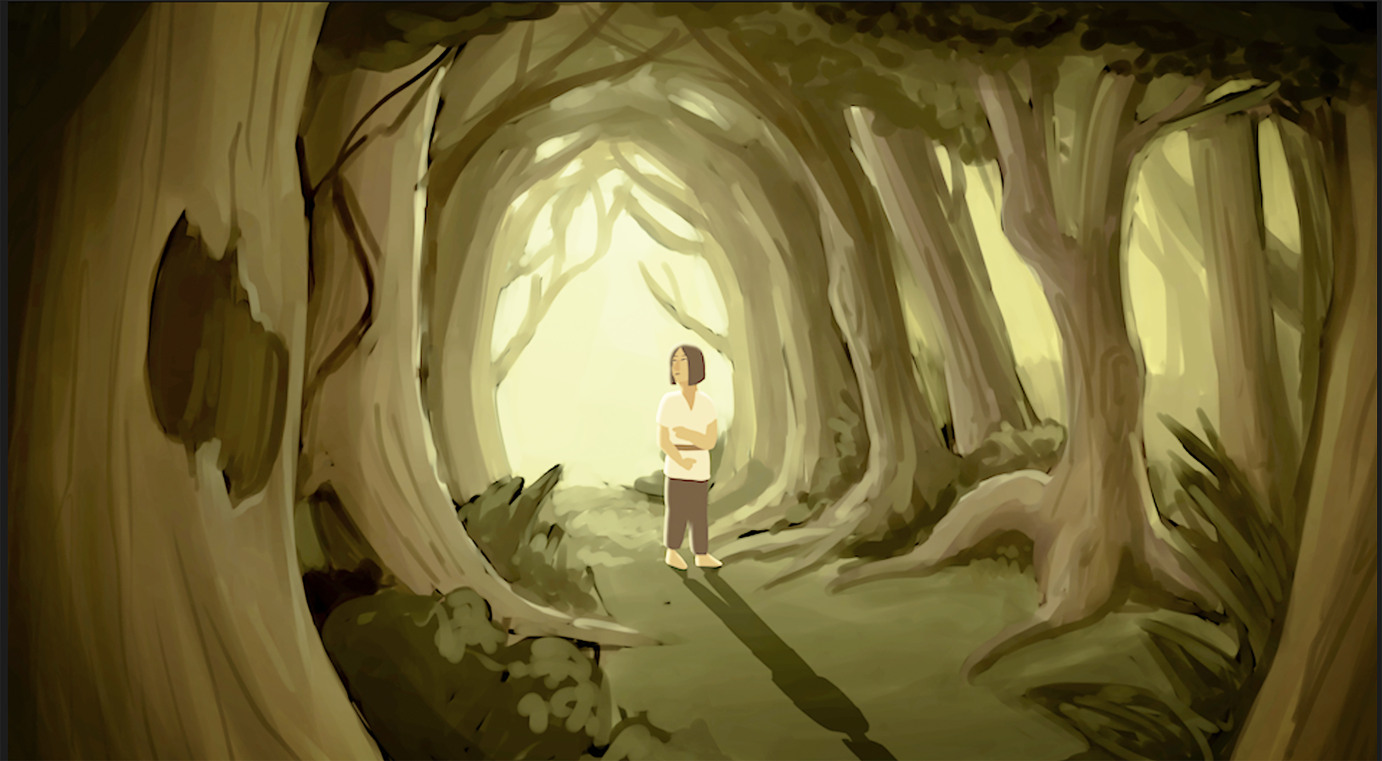 still of a person entering a tunnel of trees