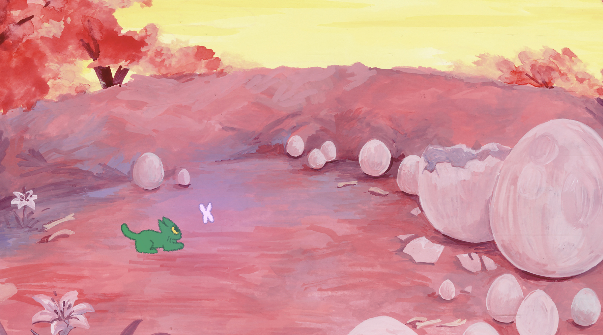 animated still featuring a green kitten in a field of dinosaur eggs