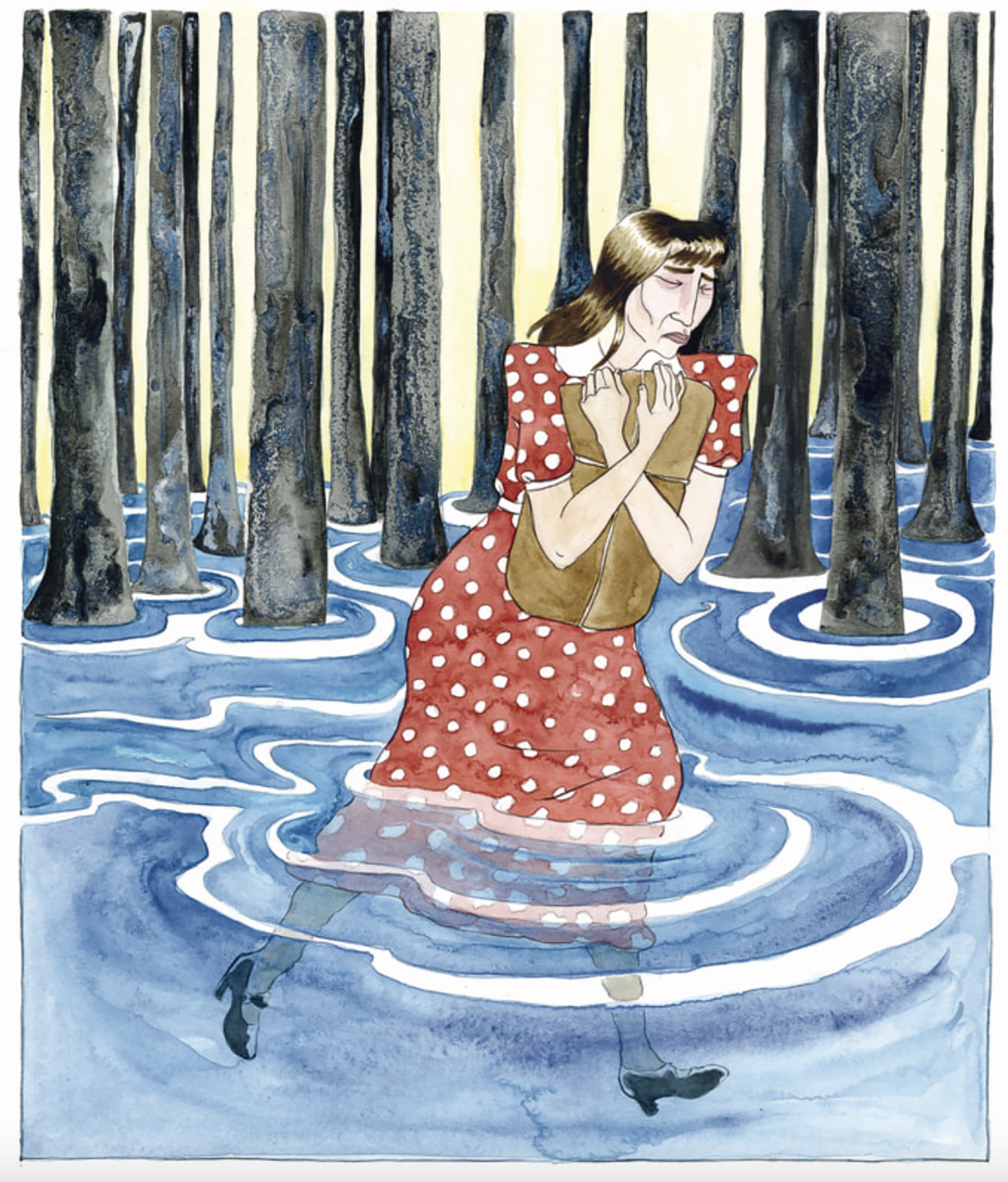 illustration of a woman in a red dress sinking into a pool of water