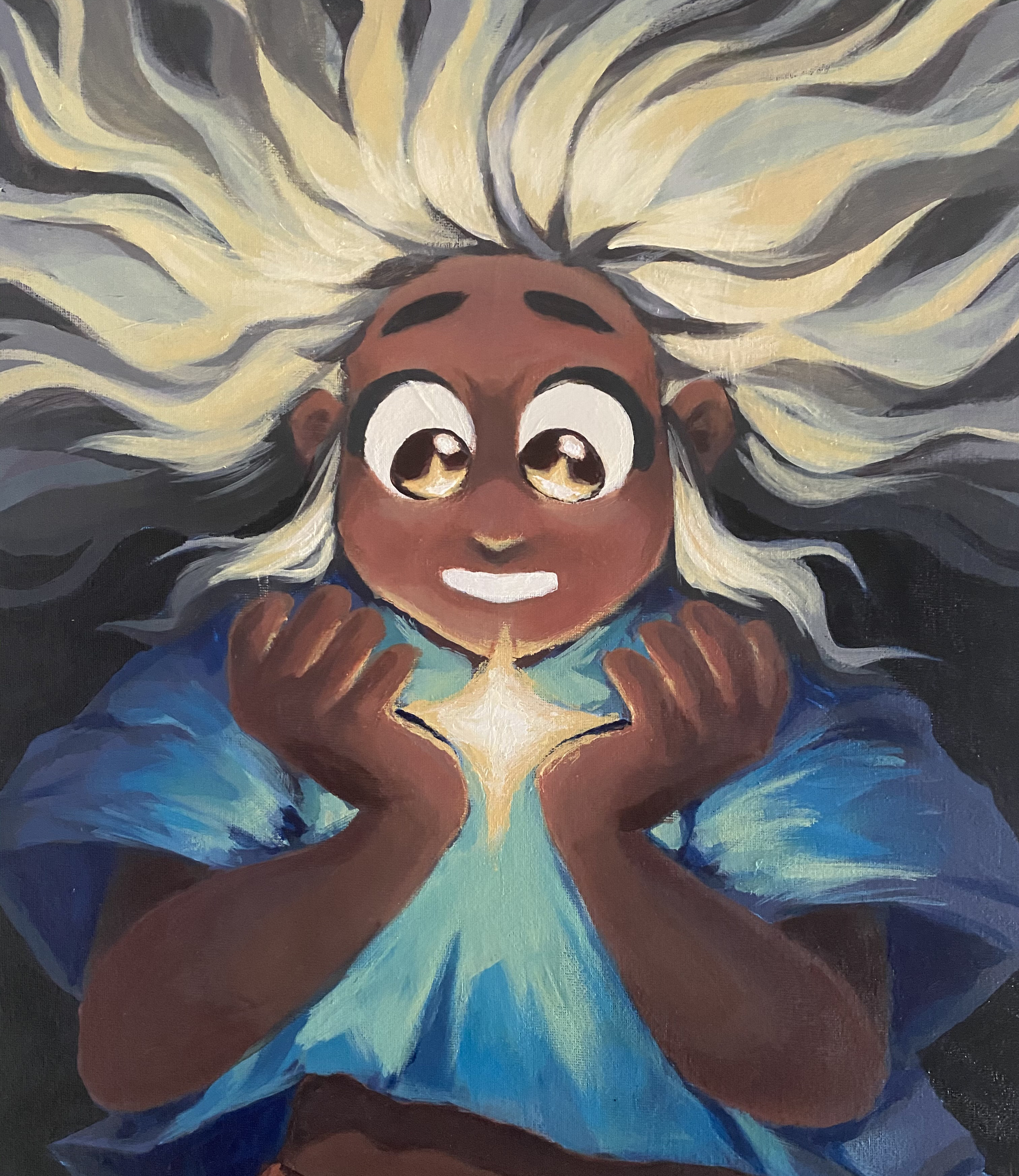illustration of a girl with huge eyes holding a jewel