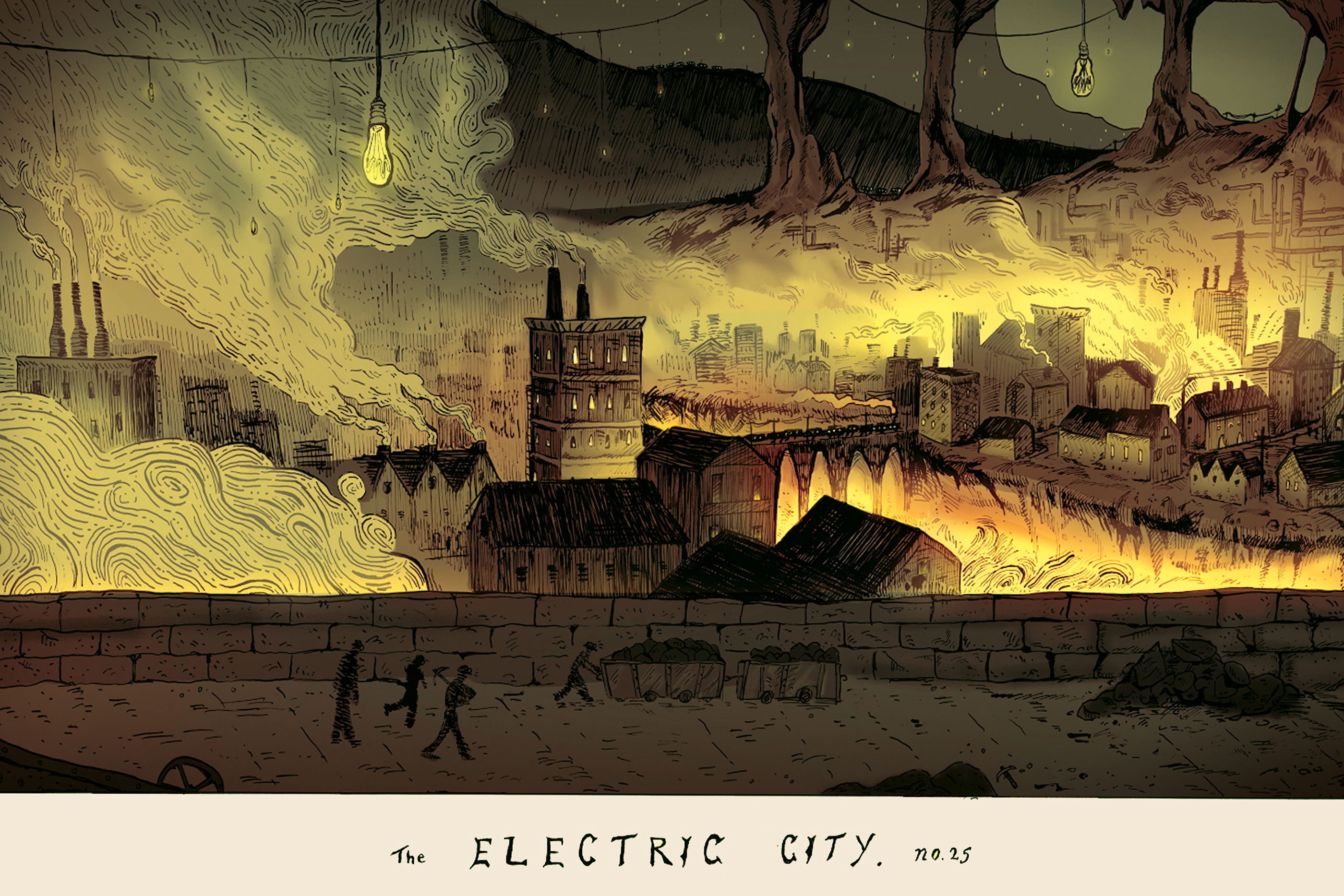 Van Gogh-esque image of a city in gold and black