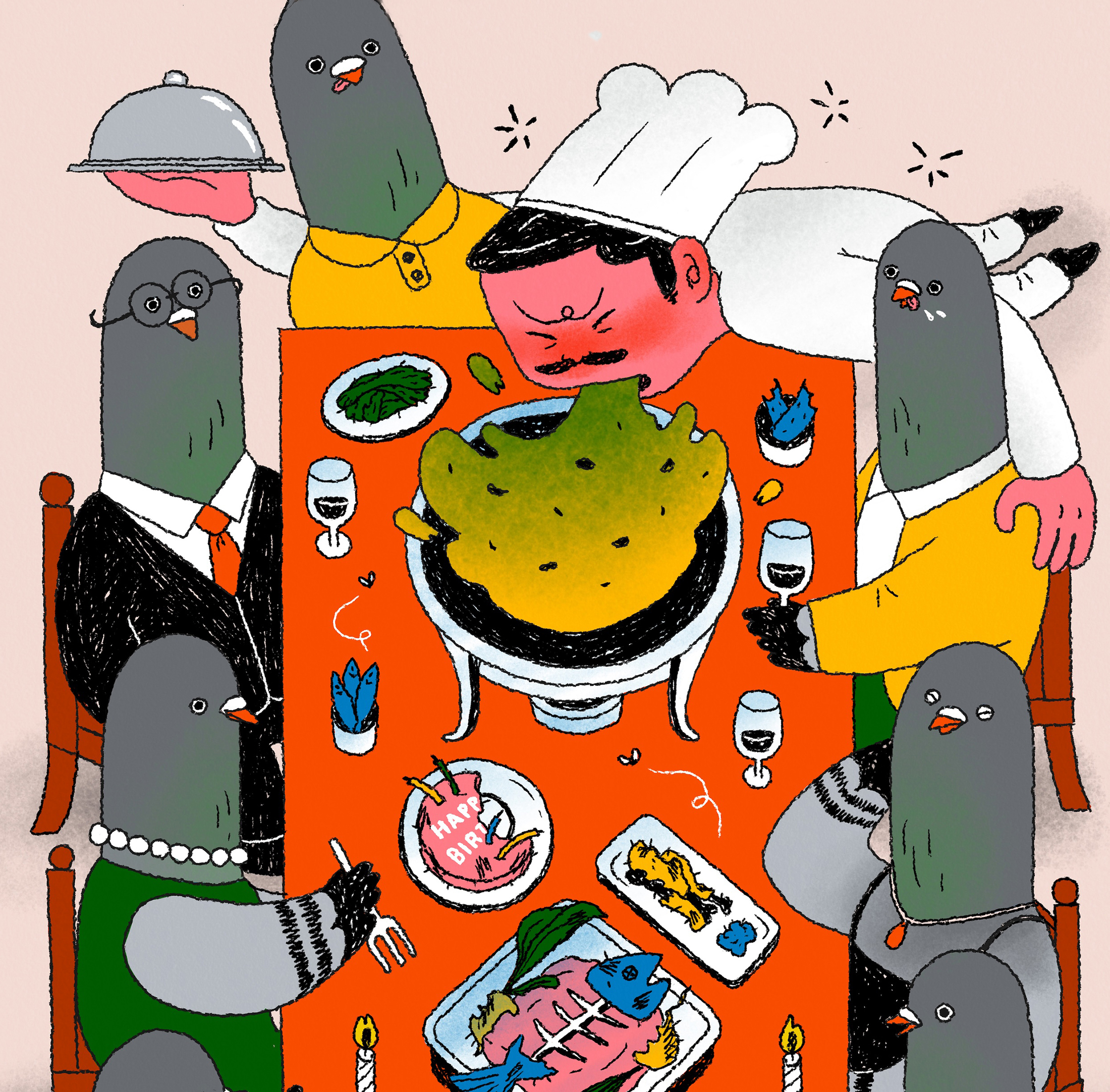 a chef regurgitates an entree for pigeons dining in the restaurant