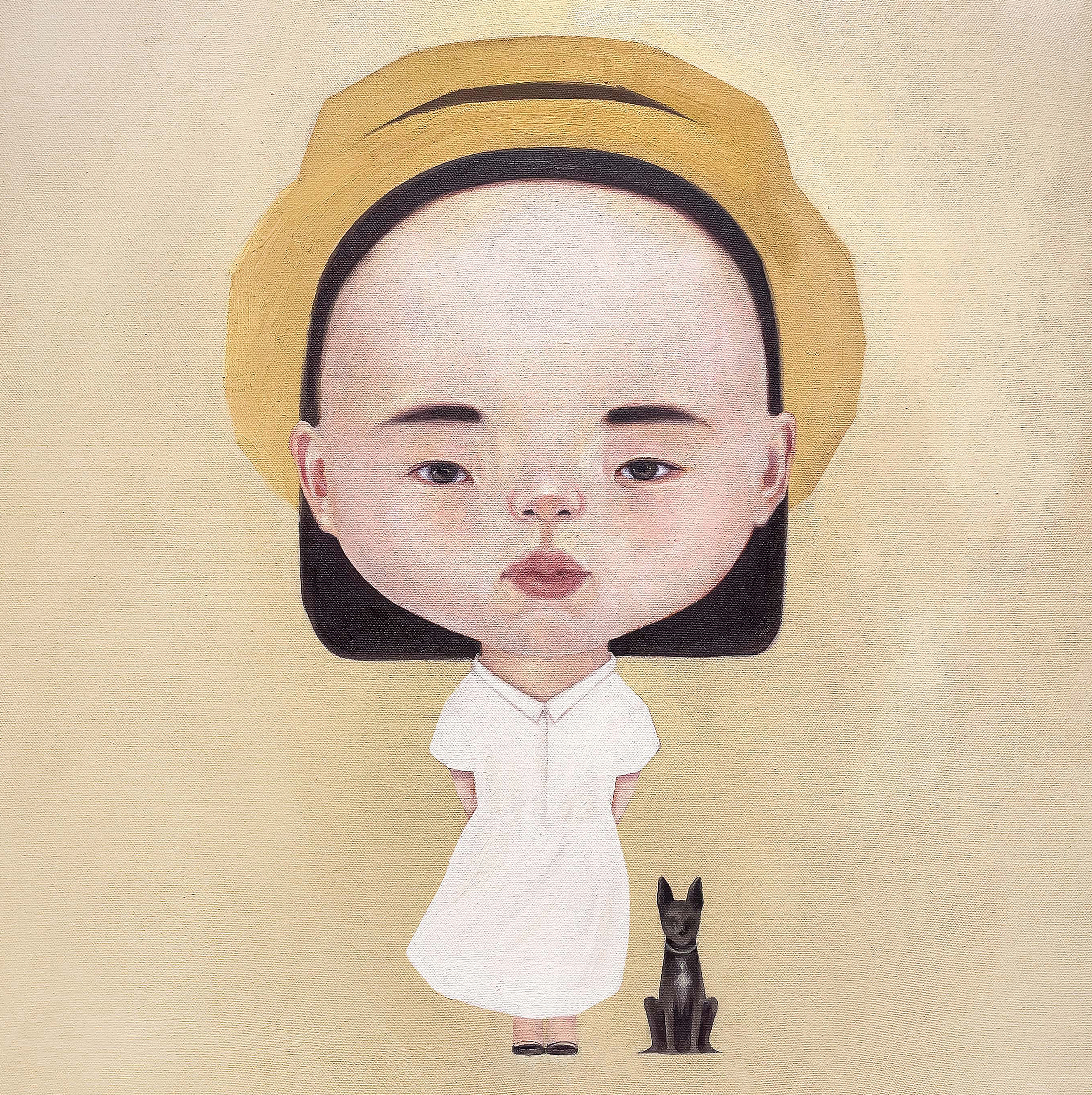 illustration of a girl in a white dress with a huge head and a tiny black dog