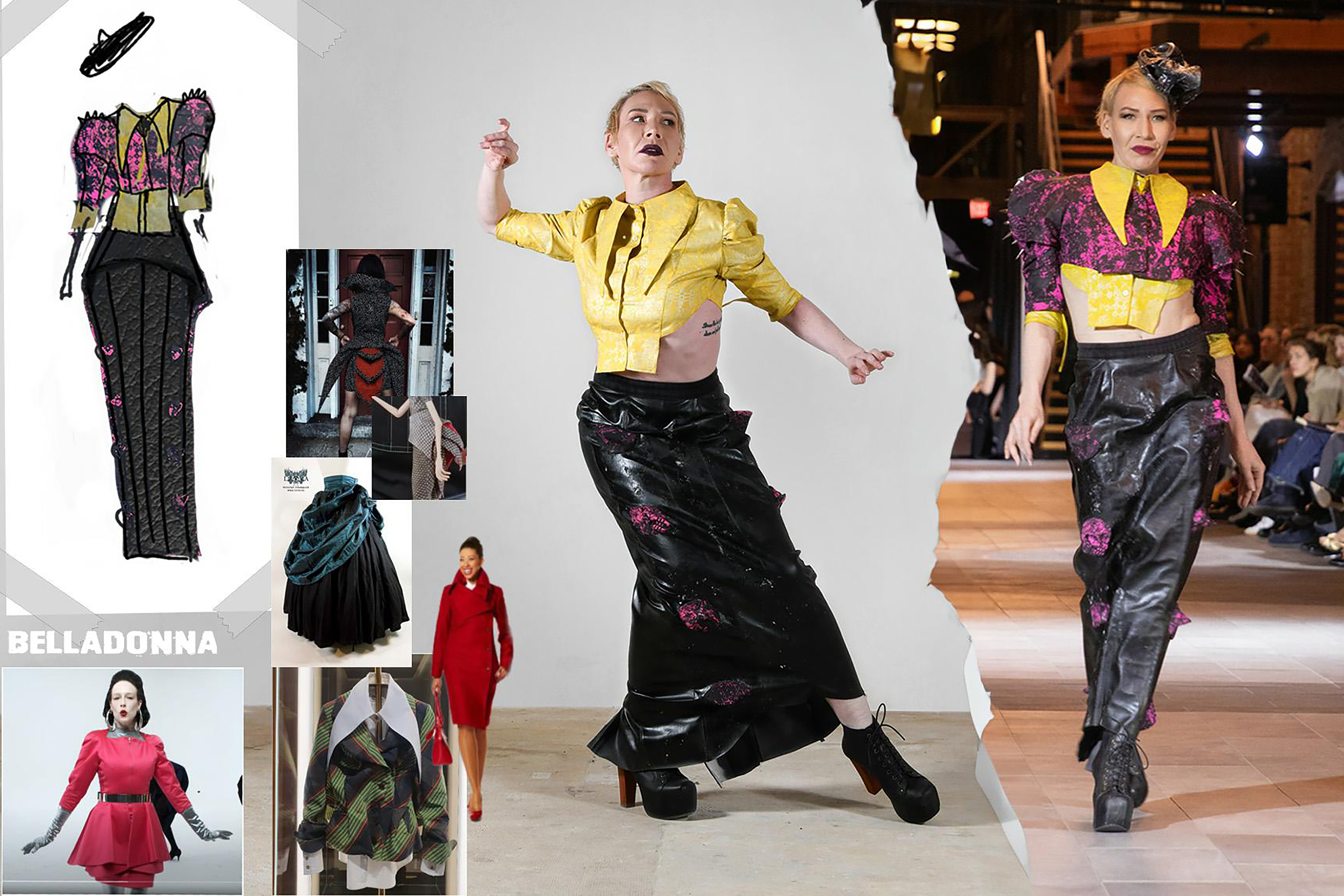 apparel design mood board showing dystopian designs and hand-printed textiles