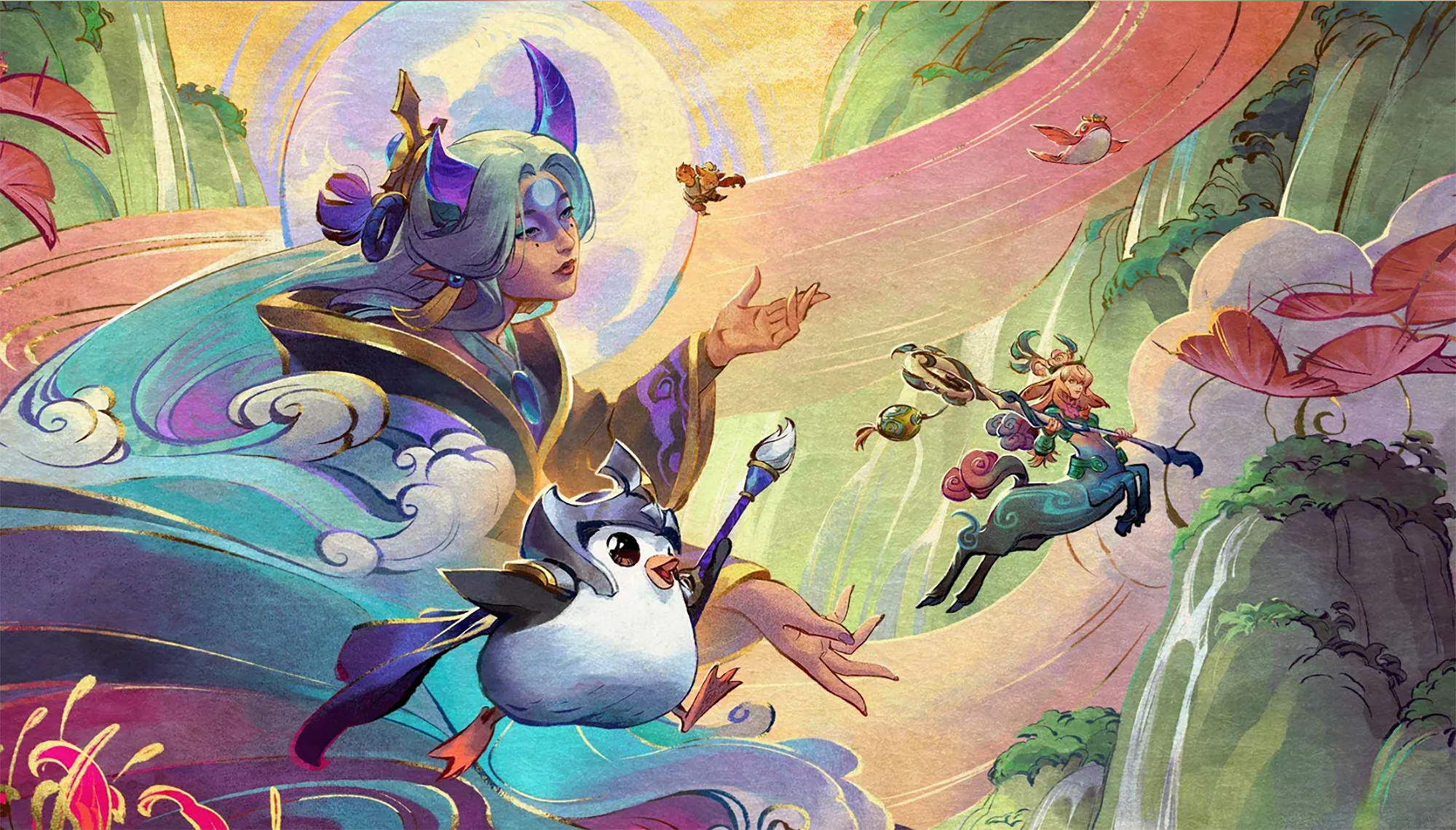 3D Team Tactics environment featuring mythical creatures and a cool pastel palette