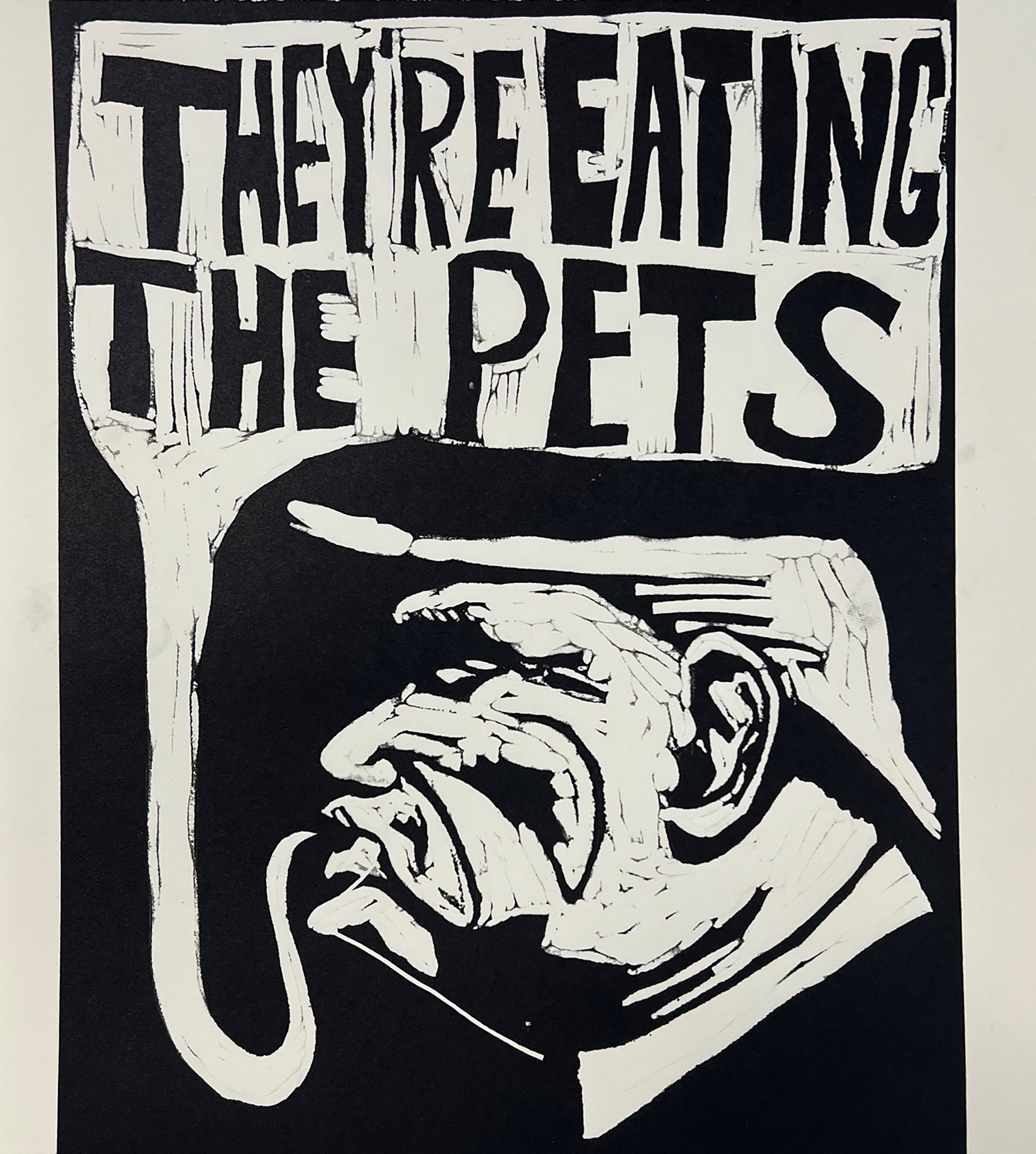 caricature of Trump saying "they're eating the pets"