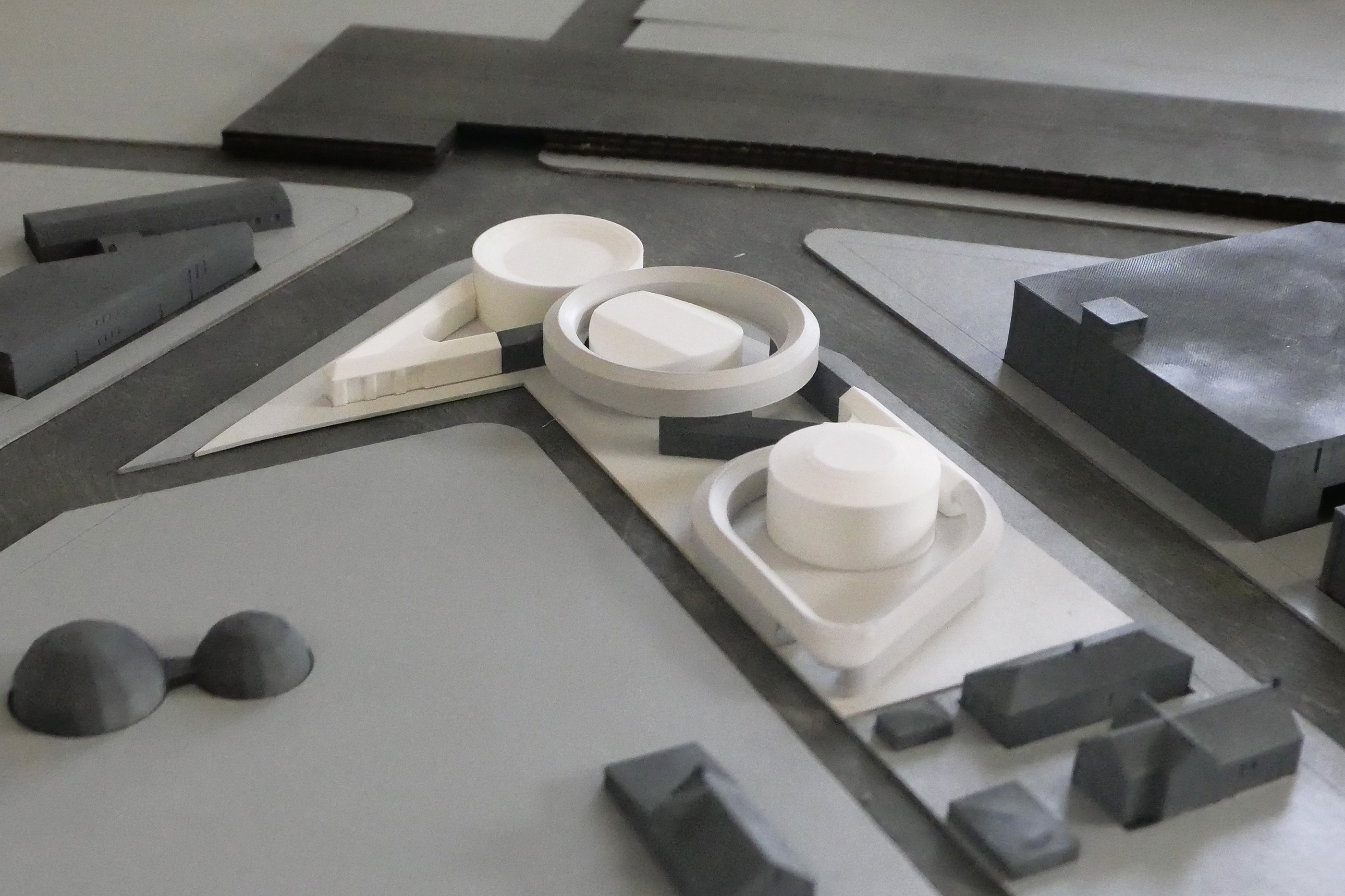 architectural model showing round buildings