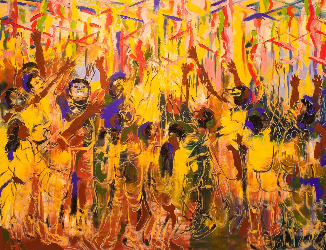 intricate oil painting using bright oranges and reds