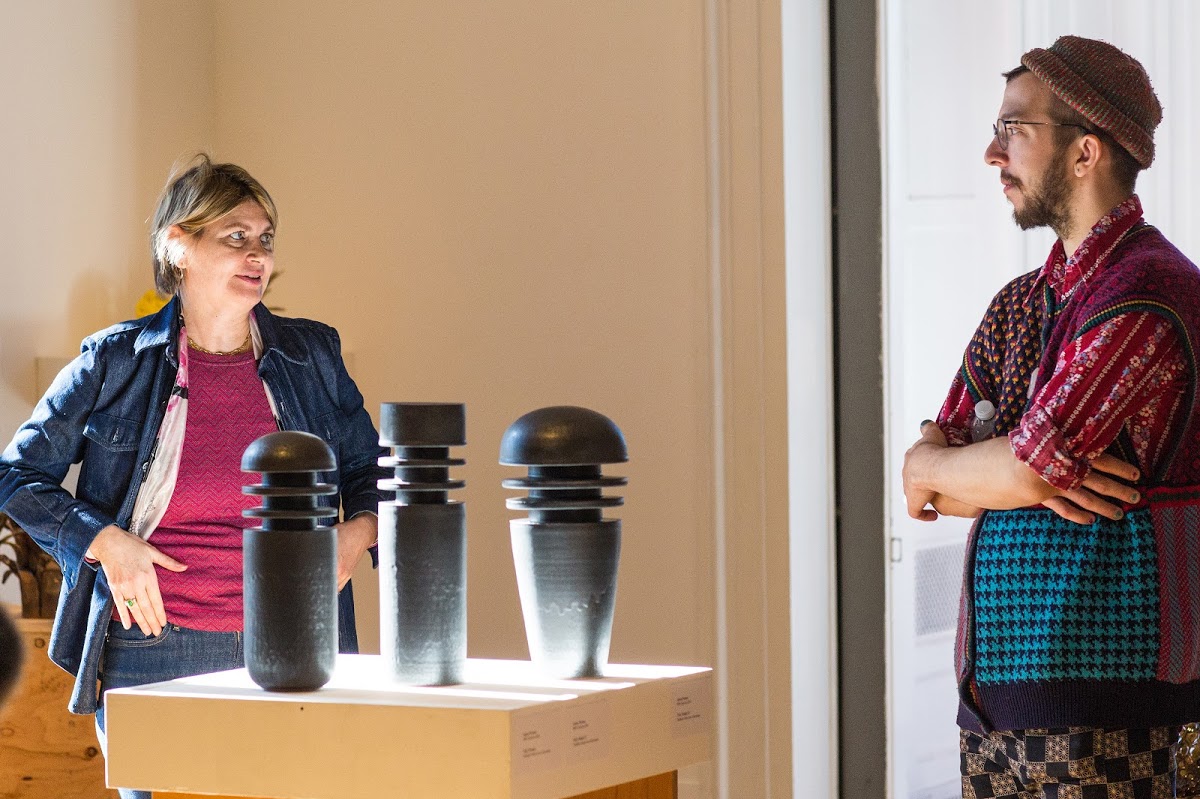 Ceramics Associate Professor Katy Schimert talks to former graduate student Dove Drury MFA 18 CR