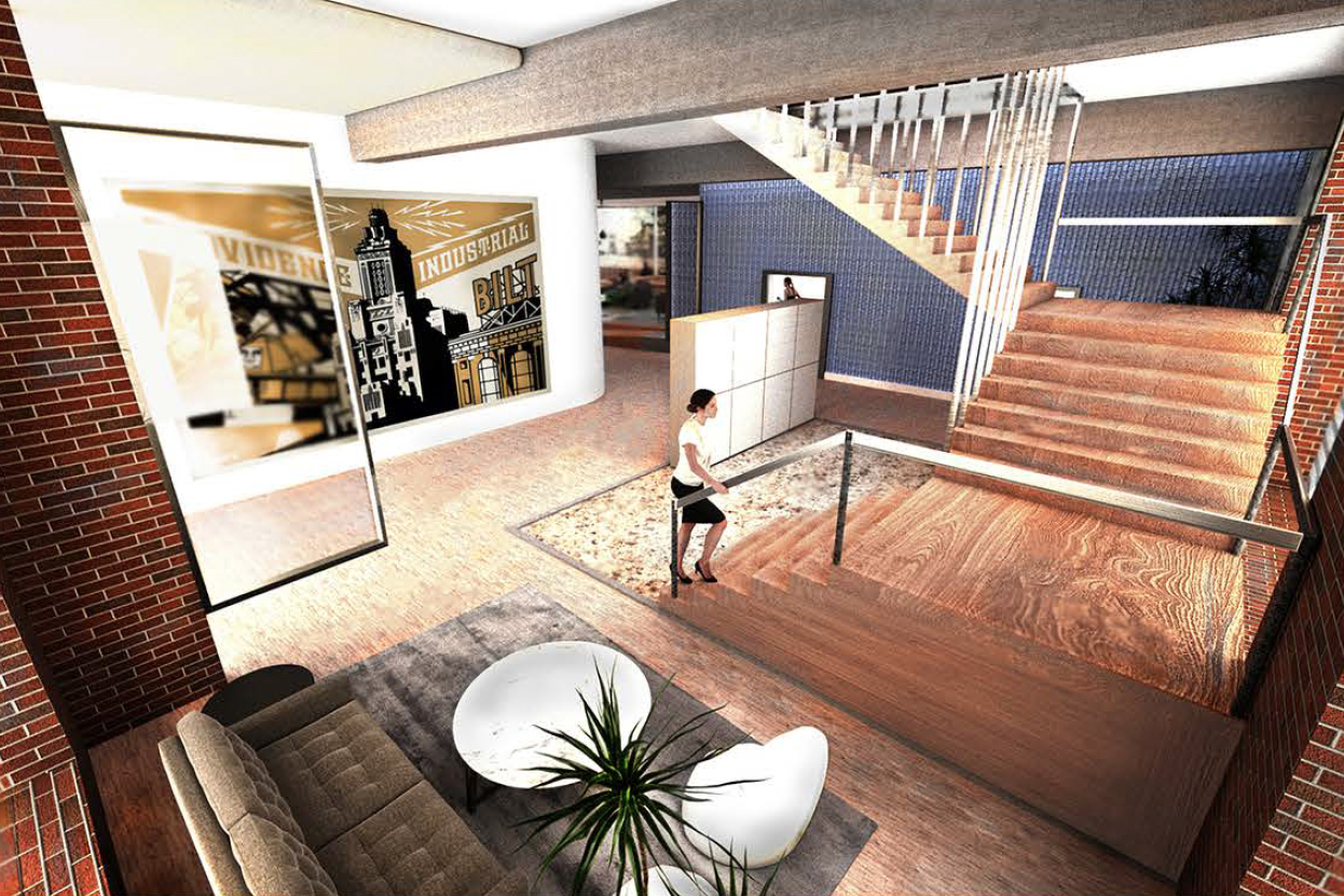 rendering of building interior using warm wood 