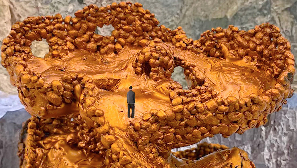 tiny human figure in other-worldly landscape