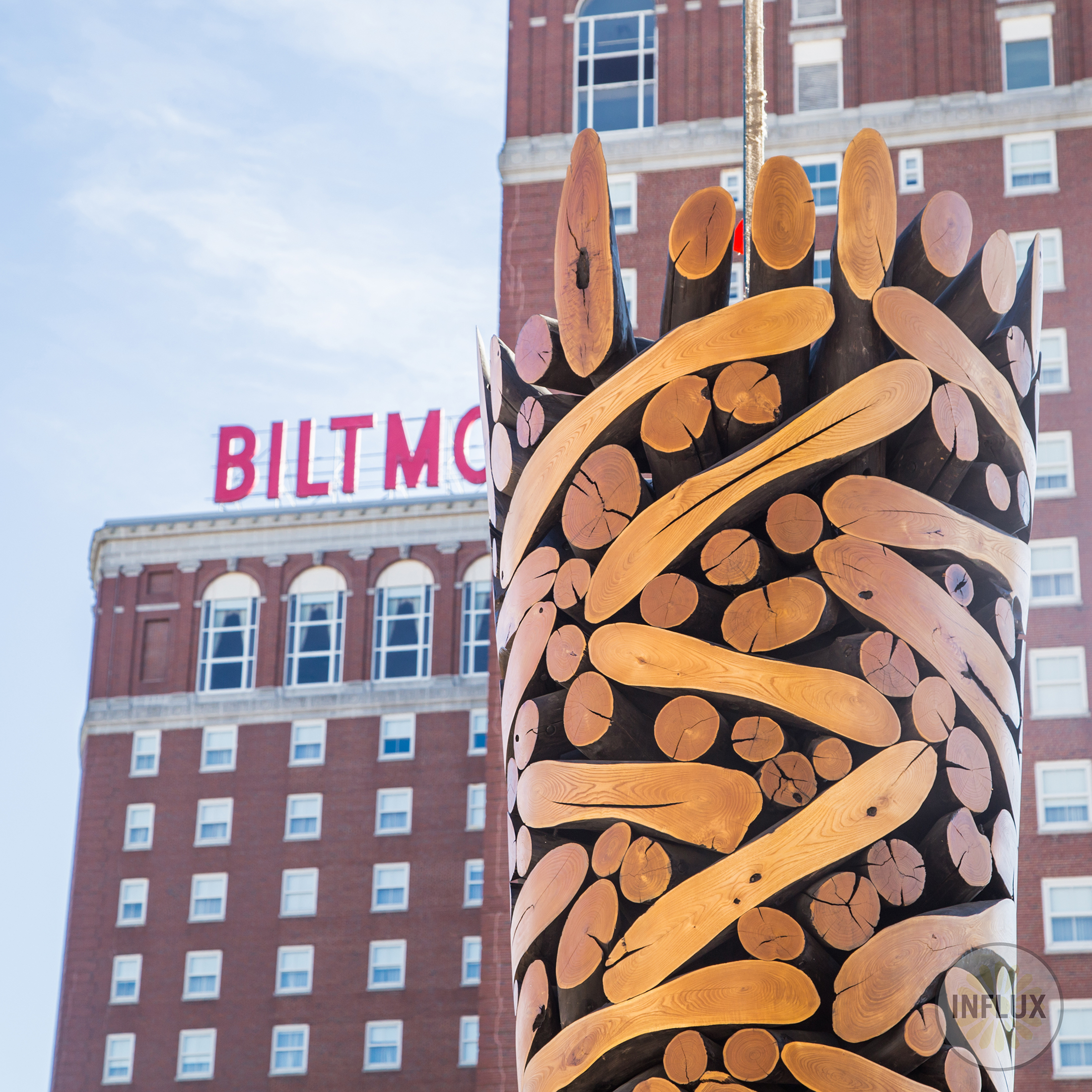 wood and steel sculpture in downtown providence
